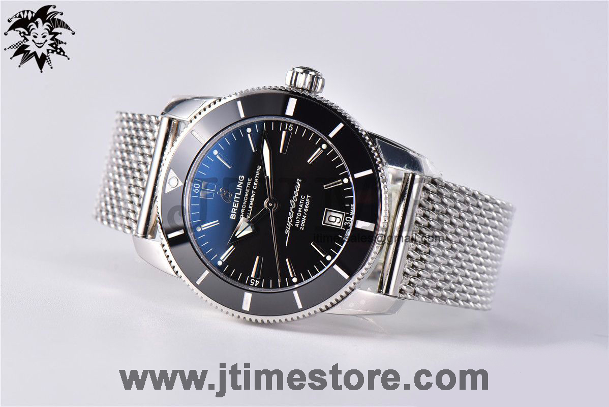 SuperOcean Heritage ii 42mm SS GF 1:1 Best Edition Black Dial Black Bezel on SS Mesh Bracelet A2824 V2 - Image 3