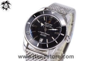 SuperOcean Heritage ii 42mm SS GF 1:1 Best Edition Black Dial Black Bezel on SS Mesh Bracelet A2824 V2