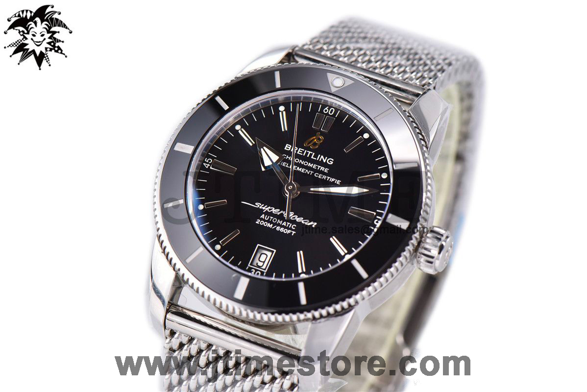 SuperOcean Heritage ii 42mm SS GF 1:1 Best Edition Black Dial Black Bezel on SS Mesh Bracelet A2824 V2