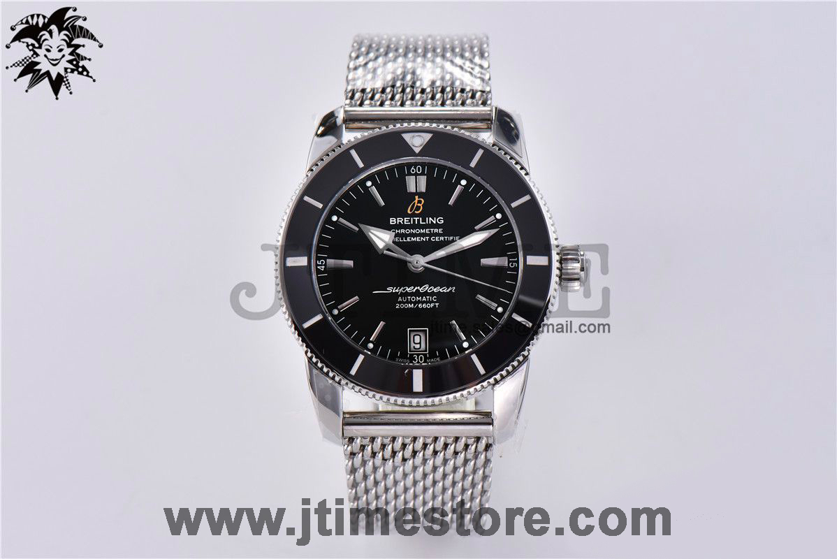 SuperOcean Heritage ii 42mm SS GF 1:1 Best Edition Black Dial Black Bezel on SS Mesh Bracelet A2824 V2 - Image 2