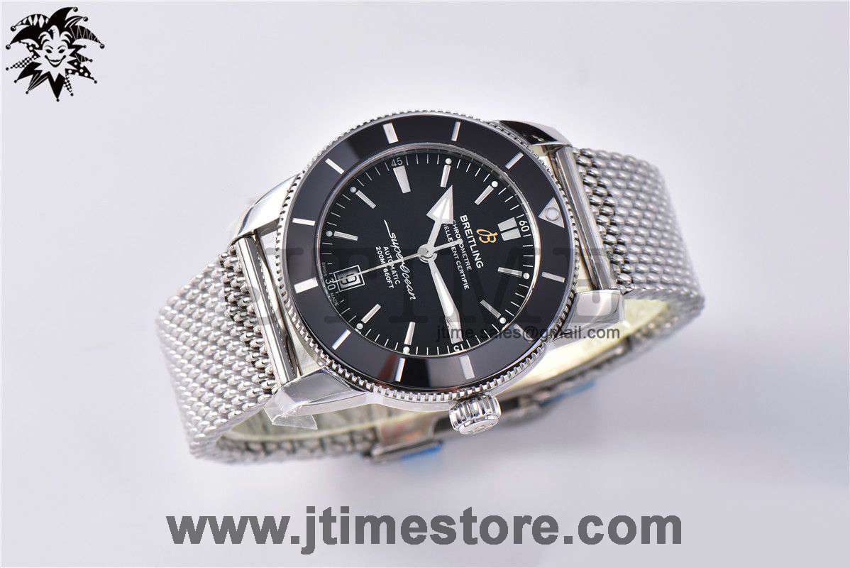 SuperOcean Heritage ii 42mm SS GF 1:1 Best Edition Black Dial Black Bezel on SS Mesh Bracelet A2824 V2 - Image 4