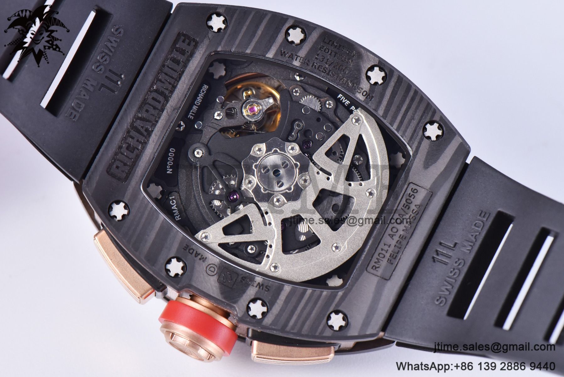 RM011 NTPT Chrono RG Case KVF 1:1 Best Edition Crystal Dial Red on Black Rubber Strap A7750 V2 - Image 3