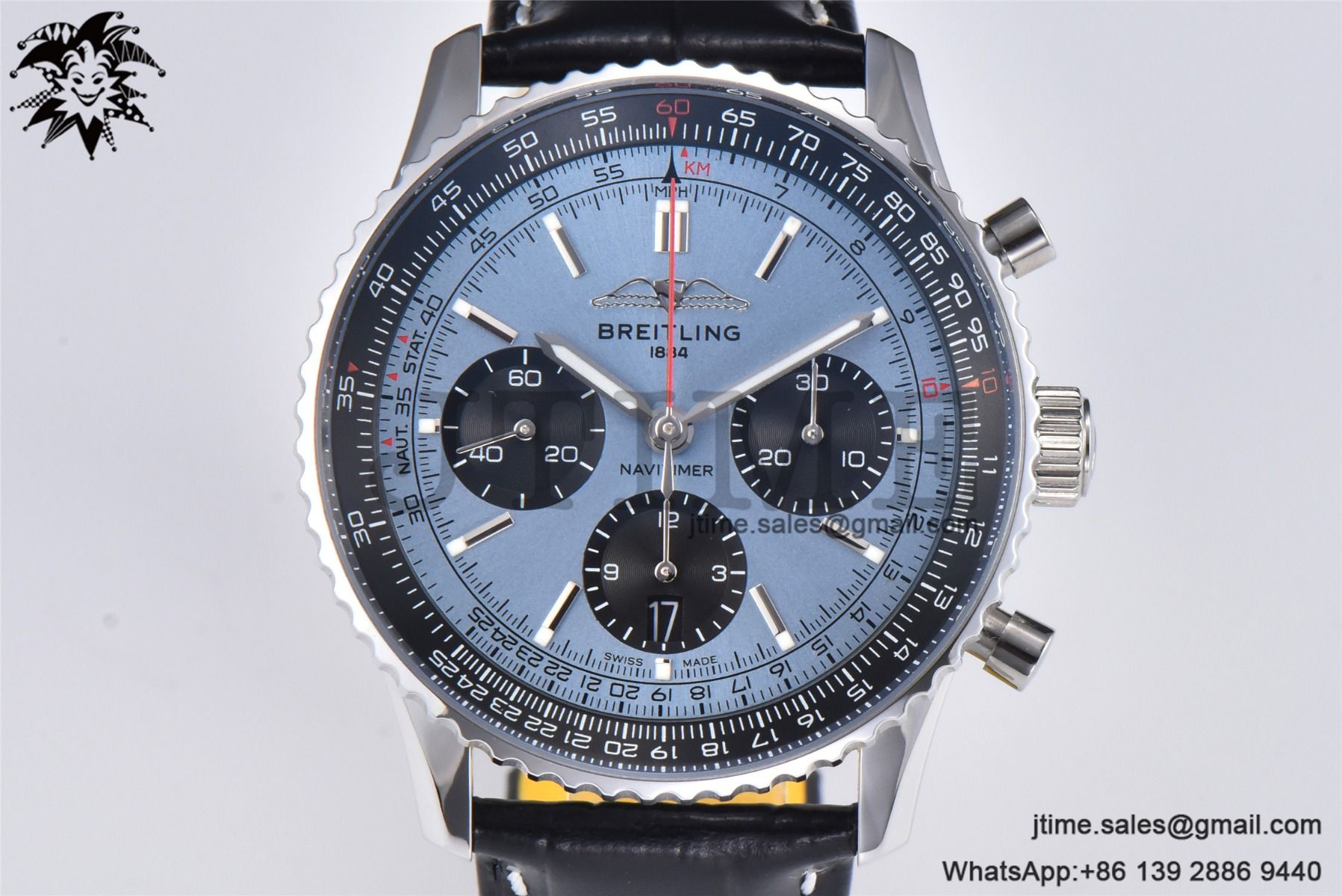 Navitimer B01 43mm SS BLS 1:1 Best Edition Light Blue Dial on Black Leather Strap A7750 - Image 2