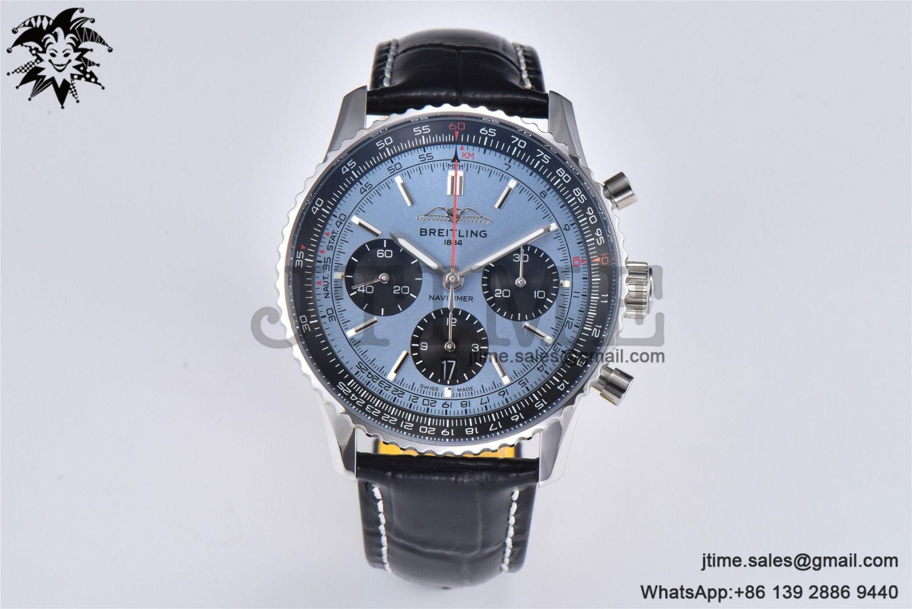 Navitimer B01 43mm SS BLS 1:1 Best Edition Light Blue Dial on Black Leather Strap A7750 - Image 3