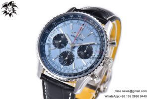 Navitimer B01 43mm SS BLS 1:1 Best Edition Light Blue Dial on Black Leather Strap A7750
