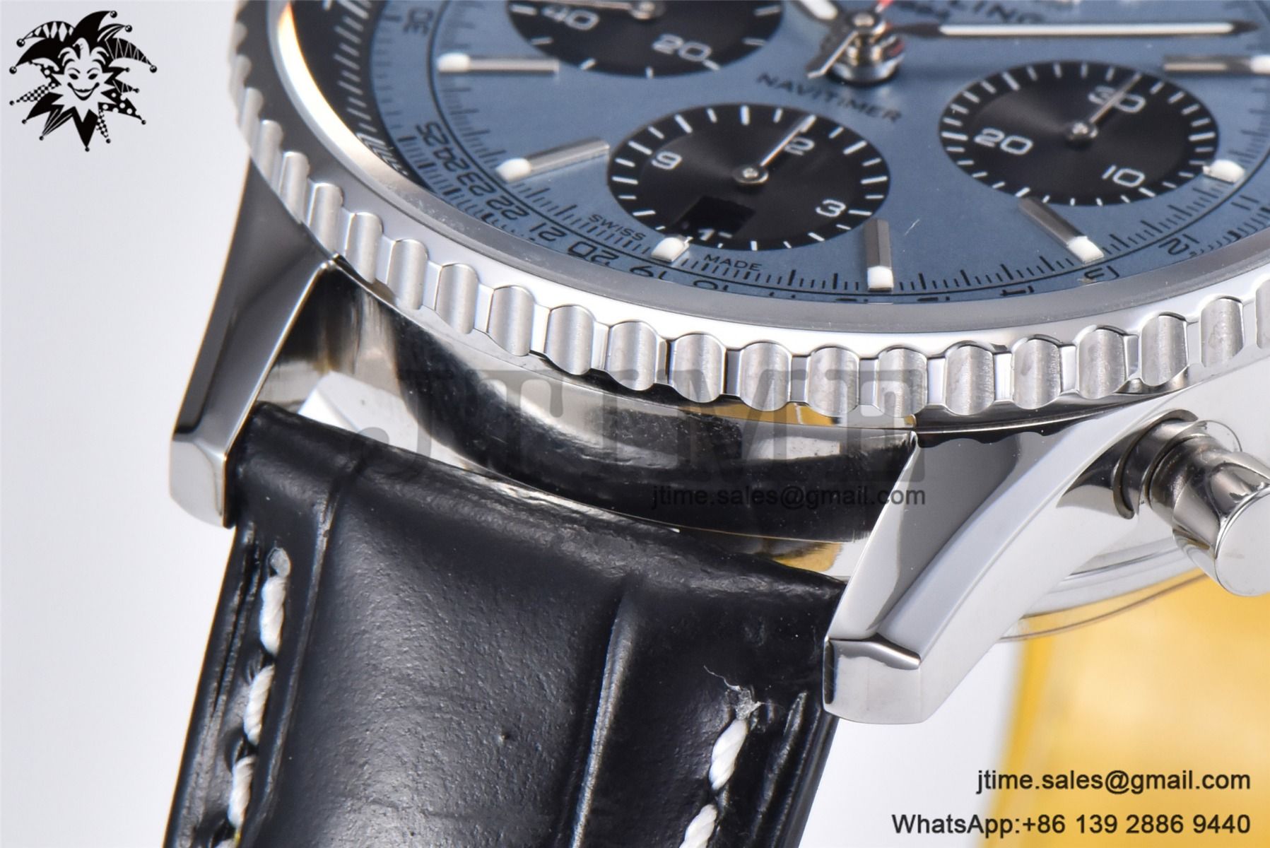 Navitimer B01 43mm SS BLS 1:1 Best Edition Light Blue Dial on Black Leather Strap A7750 - Image 11