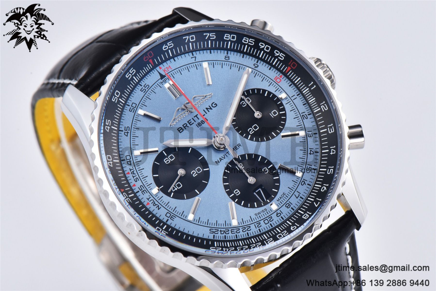 Navitimer B01 43mm SS BLS 1:1 Best Edition Light Blue Dial on Black Leather Strap A7750 - Image 4