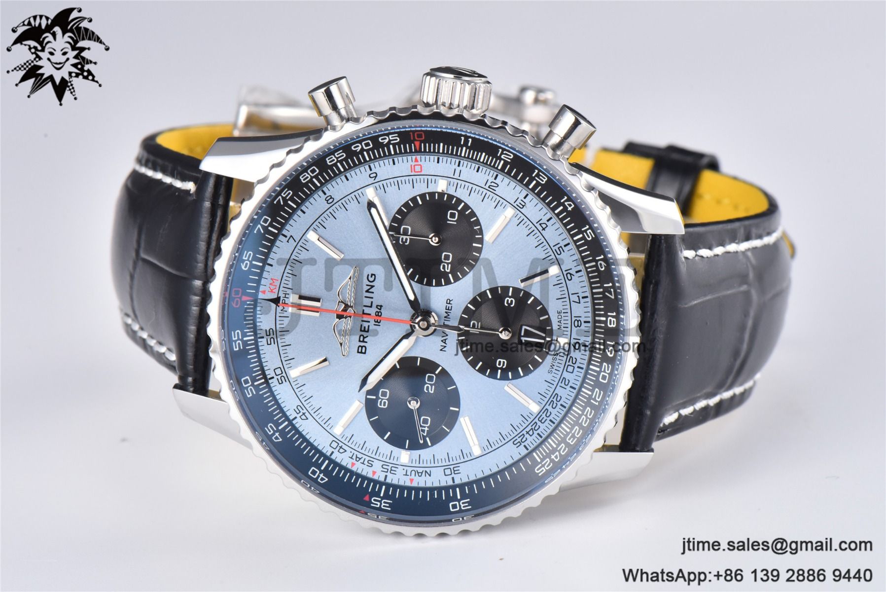Navitimer B01 43mm SS BLS 1:1 Best Edition Light Blue Dial on Black Leather Strap A7750 - Image 5