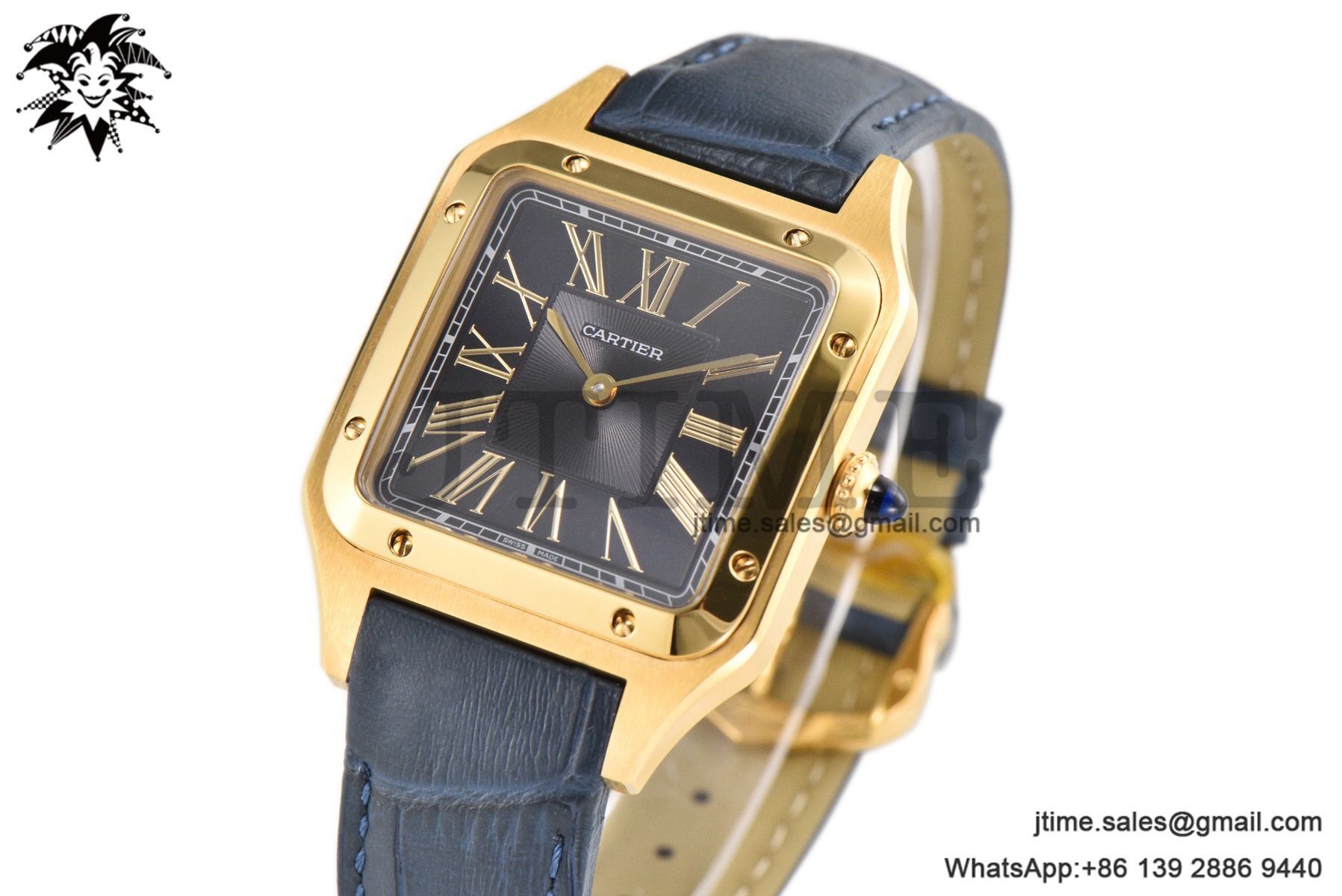 Santos Dumont 32mm YG AF 1:1 Best Edition Black Dial YG Marker on Blue Leather Strap Ronda Quartz