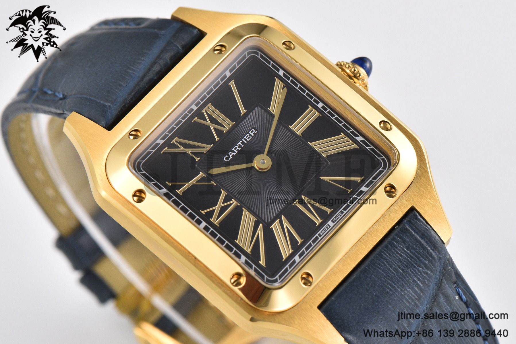 Santos Dumont 32mm YG AF 1:1 Best Edition Black Dial YG Marker on Blue Leather Strap Ronda Quartz - Image 4